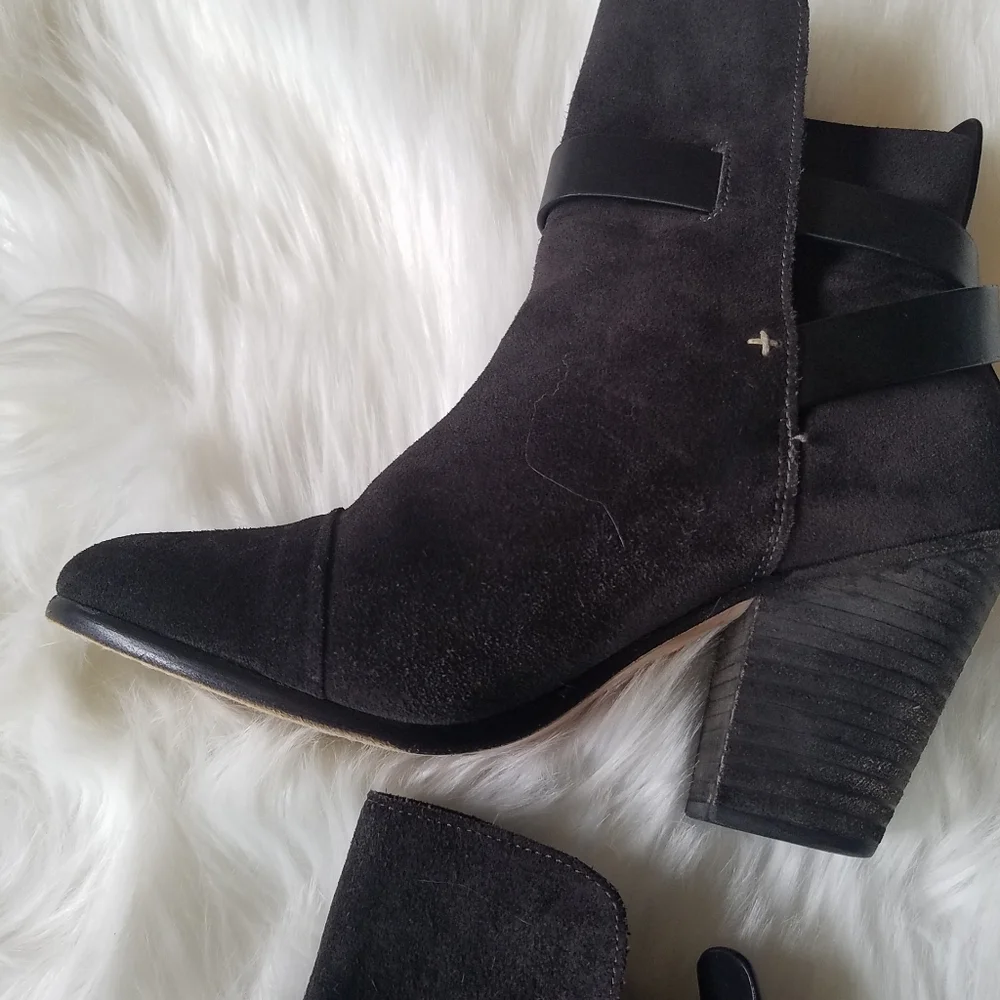 Rag & Bone Harrow Black Suede Leather Ankle Boots Chunky Stacked Heel sz38
